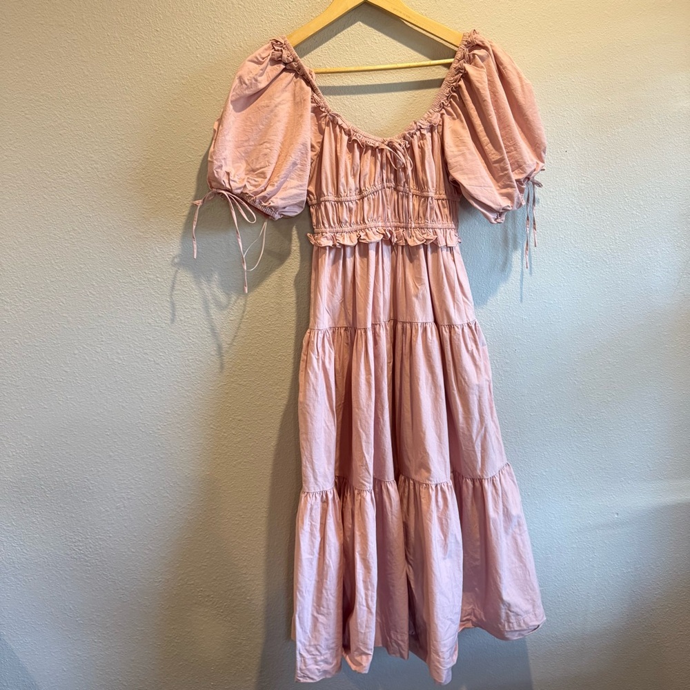 En Saison Poplin Cotton Midi Dress Puff Sleeves Tiered Shirred XS Boho Pink - Picture 5 of 7